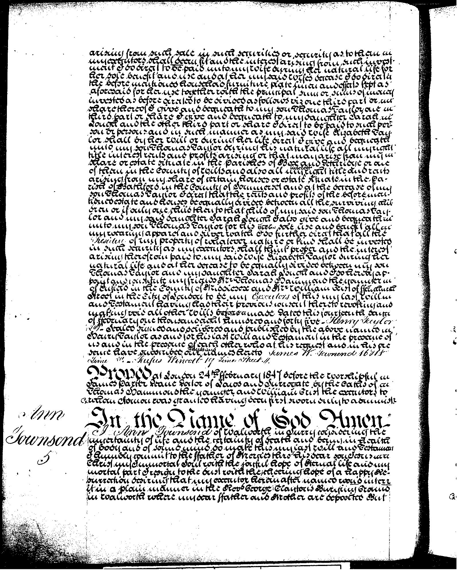 The 1847 will of Ann Townsend of Walworth, page 1. Probably the same Ann referred to in Hannah Vertue’s will of 1818 and Peter Guillebaud’s will of 1821