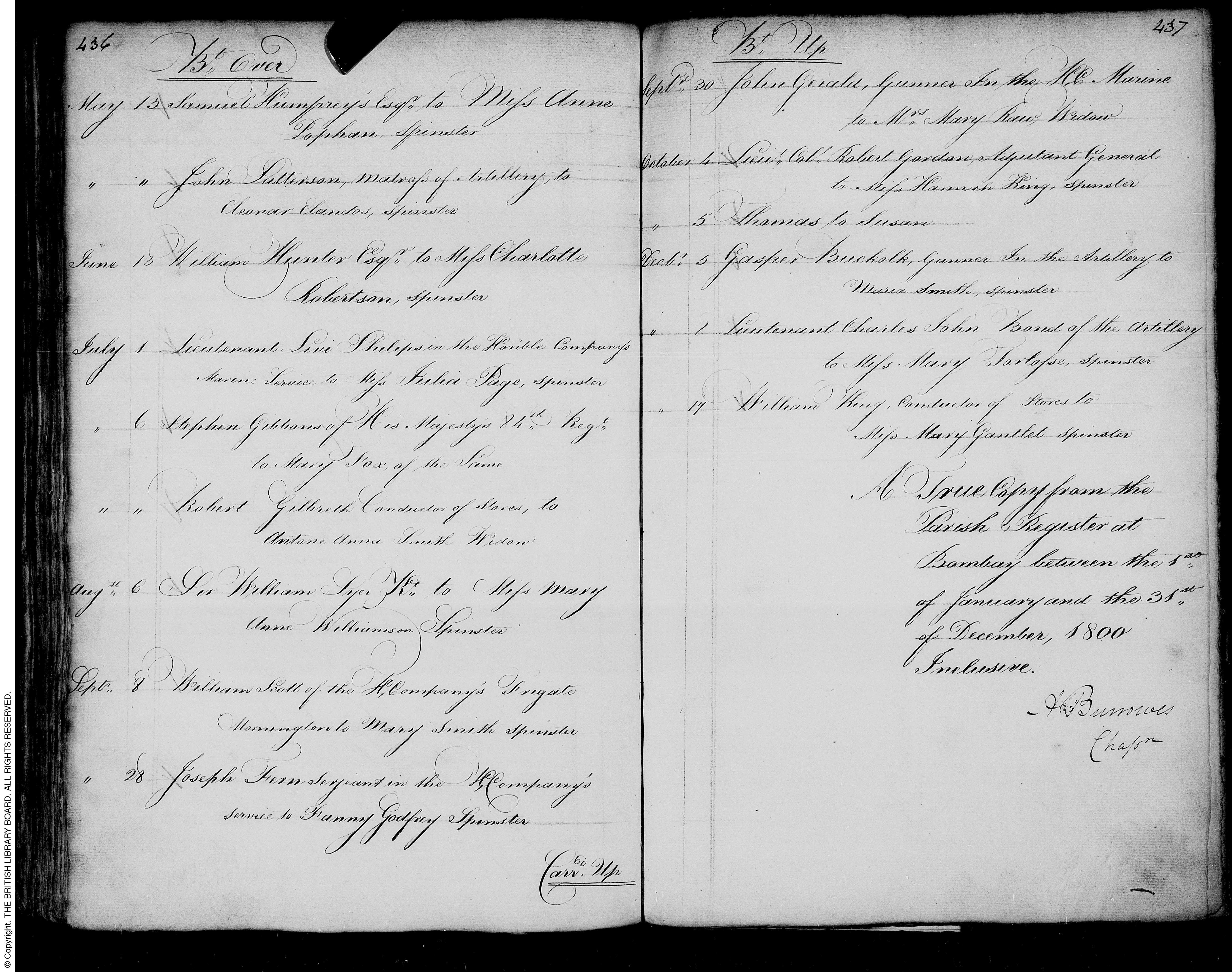 Marriage of Lieutenant John Charles Bond to Mary Tarlosse in 1800