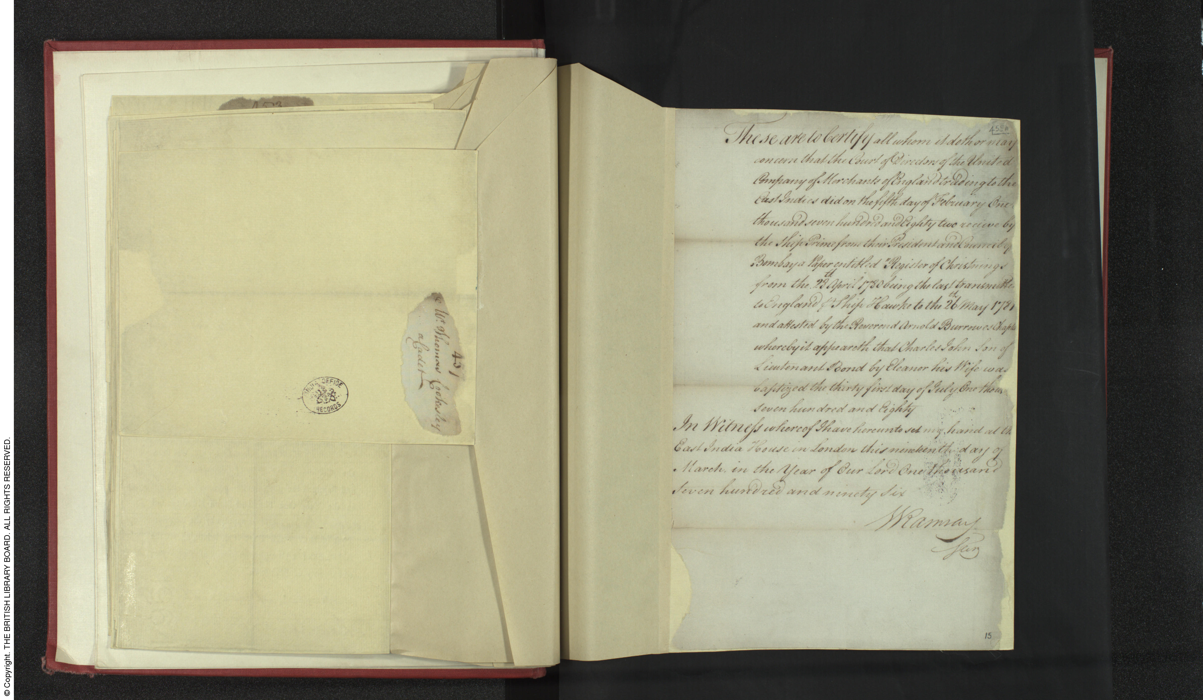 Record of baptism of Charles John Bond sent to England