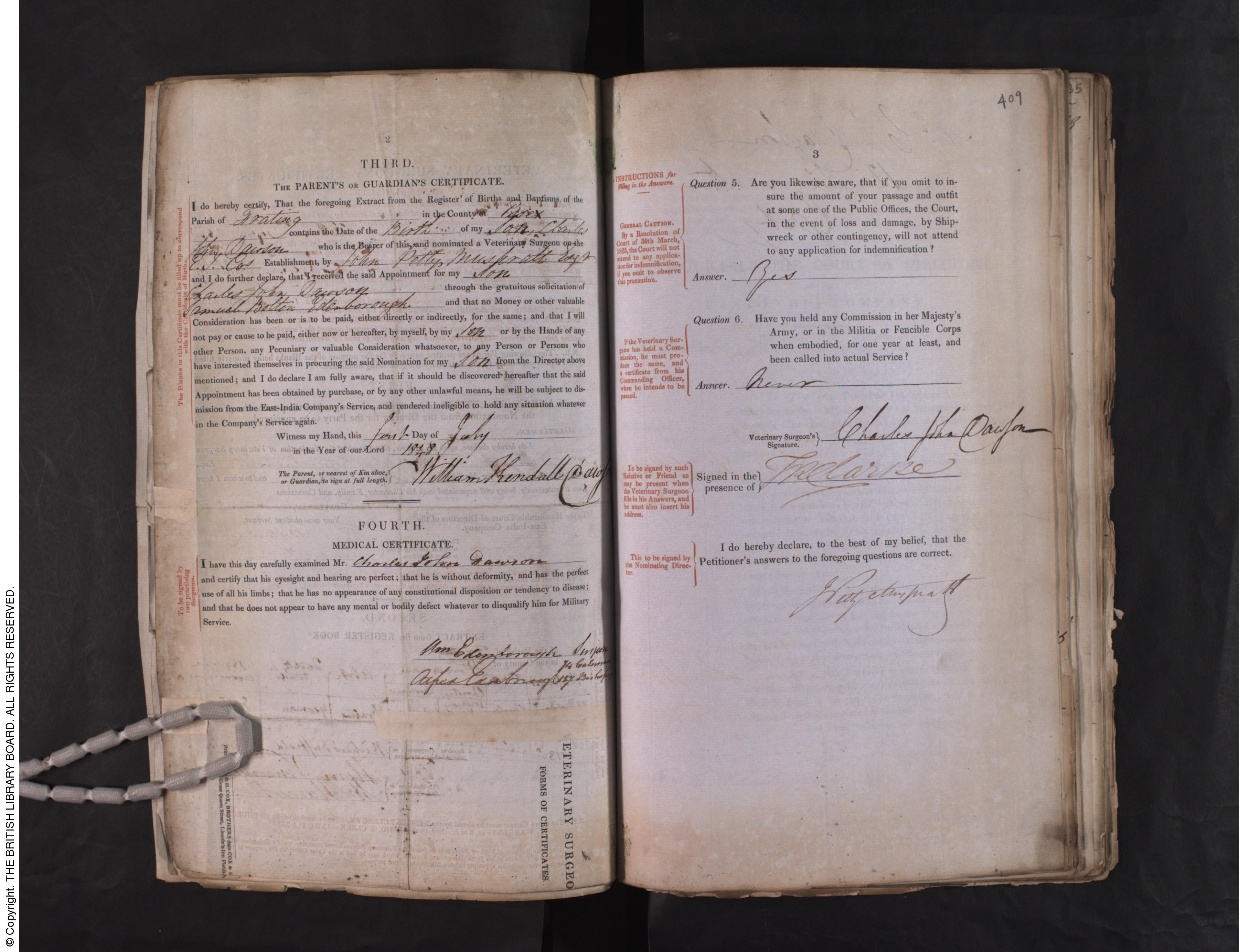 Charles Dawson, 1848 application to British India Office as veterinary surgeon -6