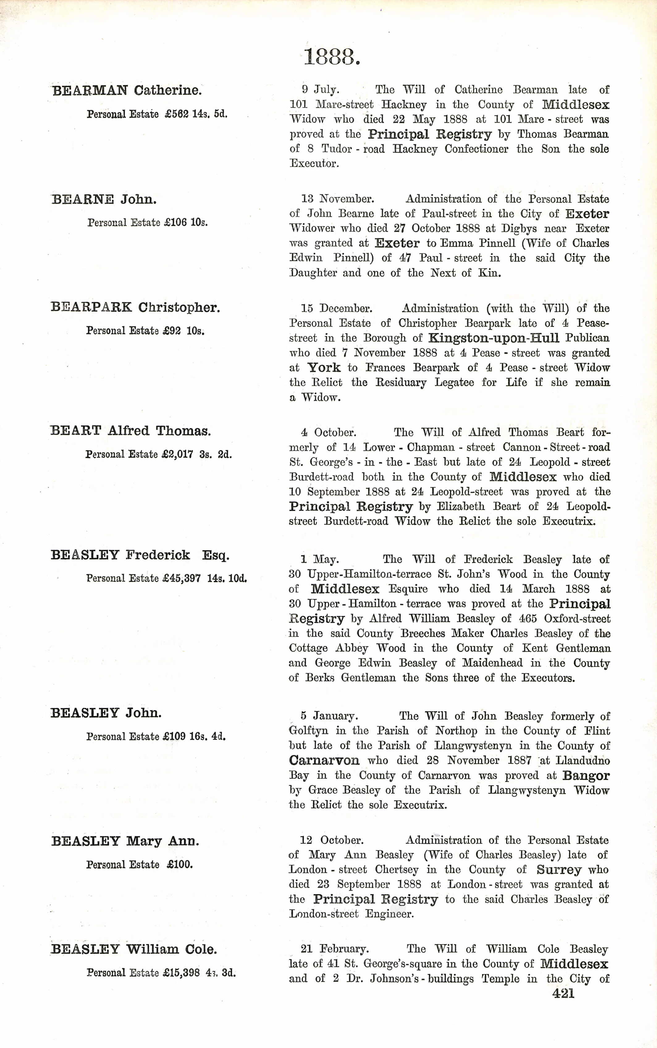 Catherine Bearman probate 1868 leaving £582