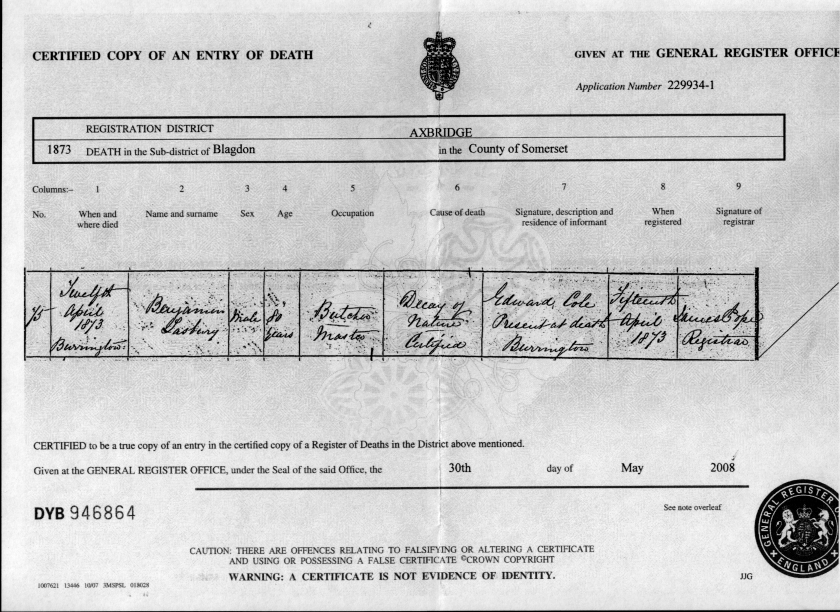 Death certificate Benjamin Lasbury, 1873