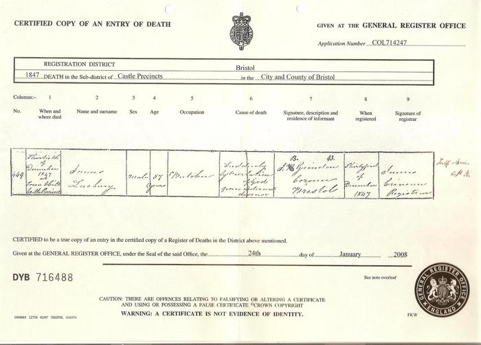 Death certificate James Lasbury, 1847