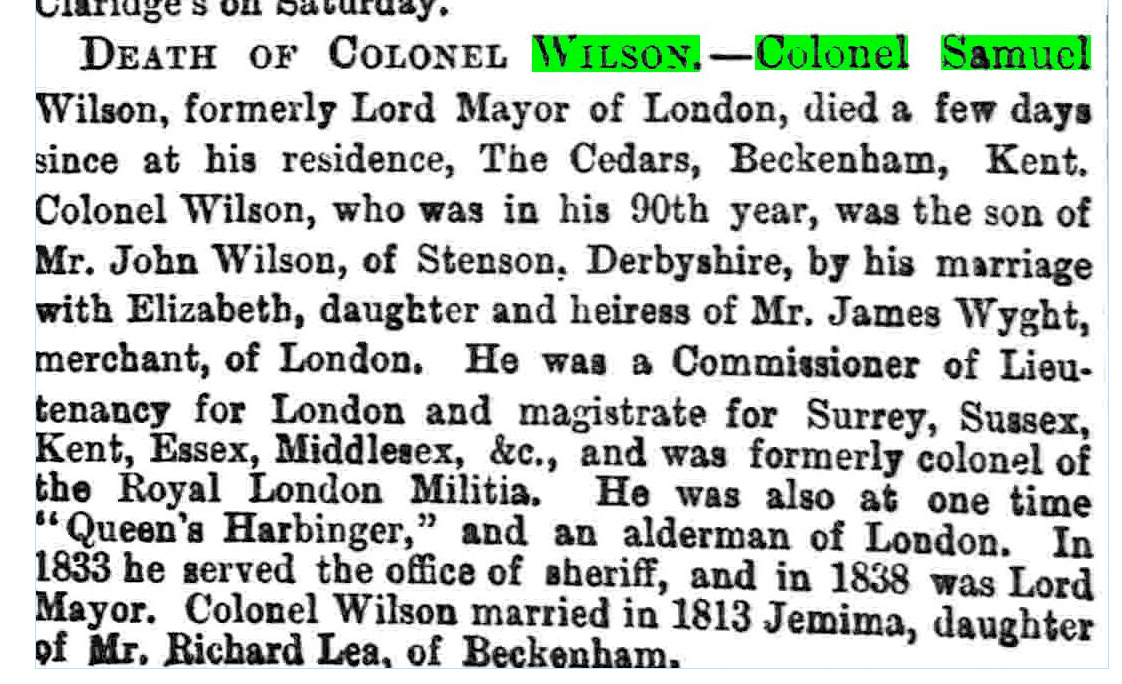 Death of Colonel Samuel Wilson in 1881 as announced in The Morning Post, July 11