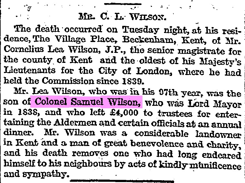 Cornelius Wilson, obituary in The Times, December 22nd 1911