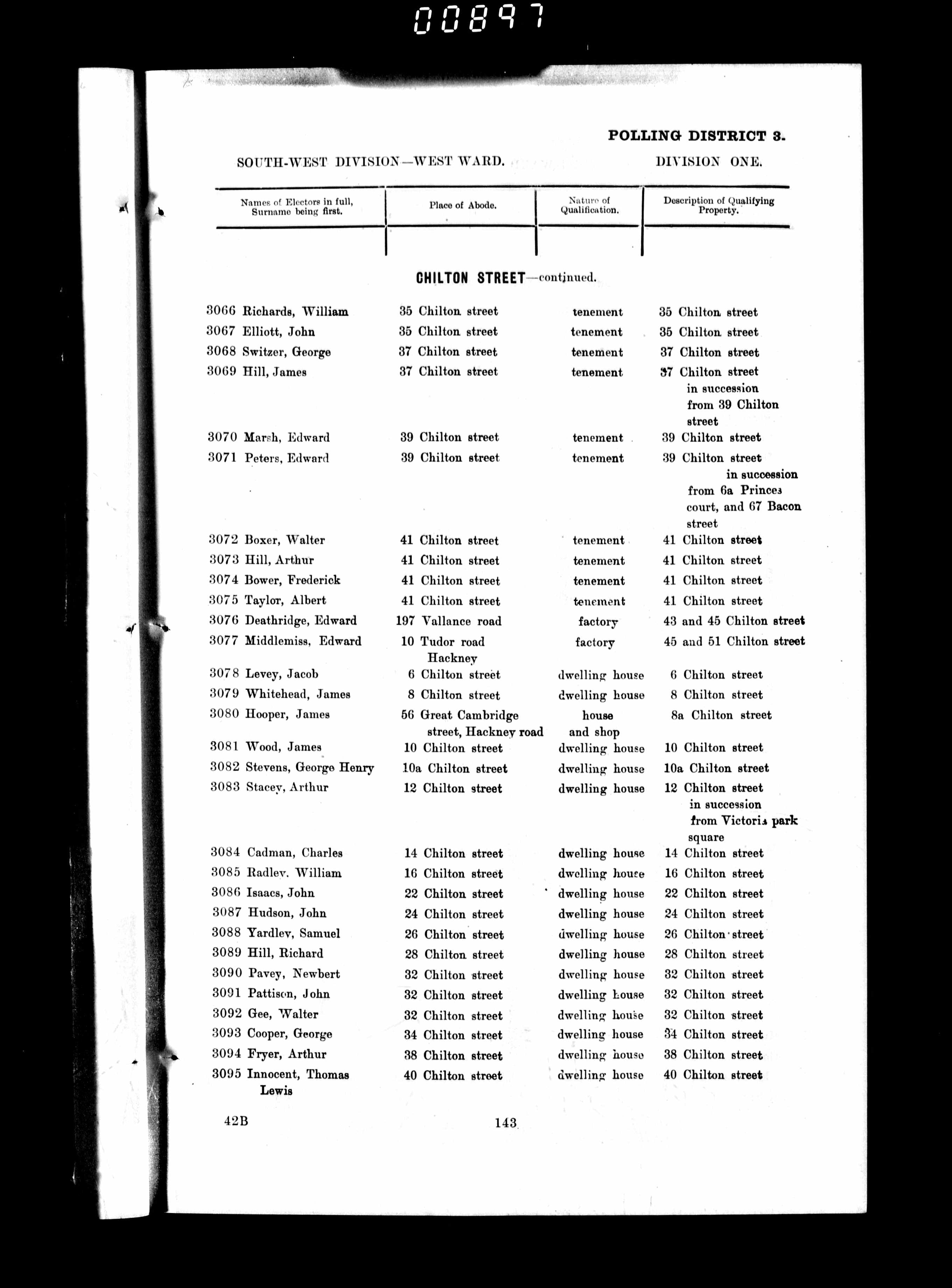 Edward Middlemiss in the 1902 electoral register for Bethnal Green with property in Chilton Street