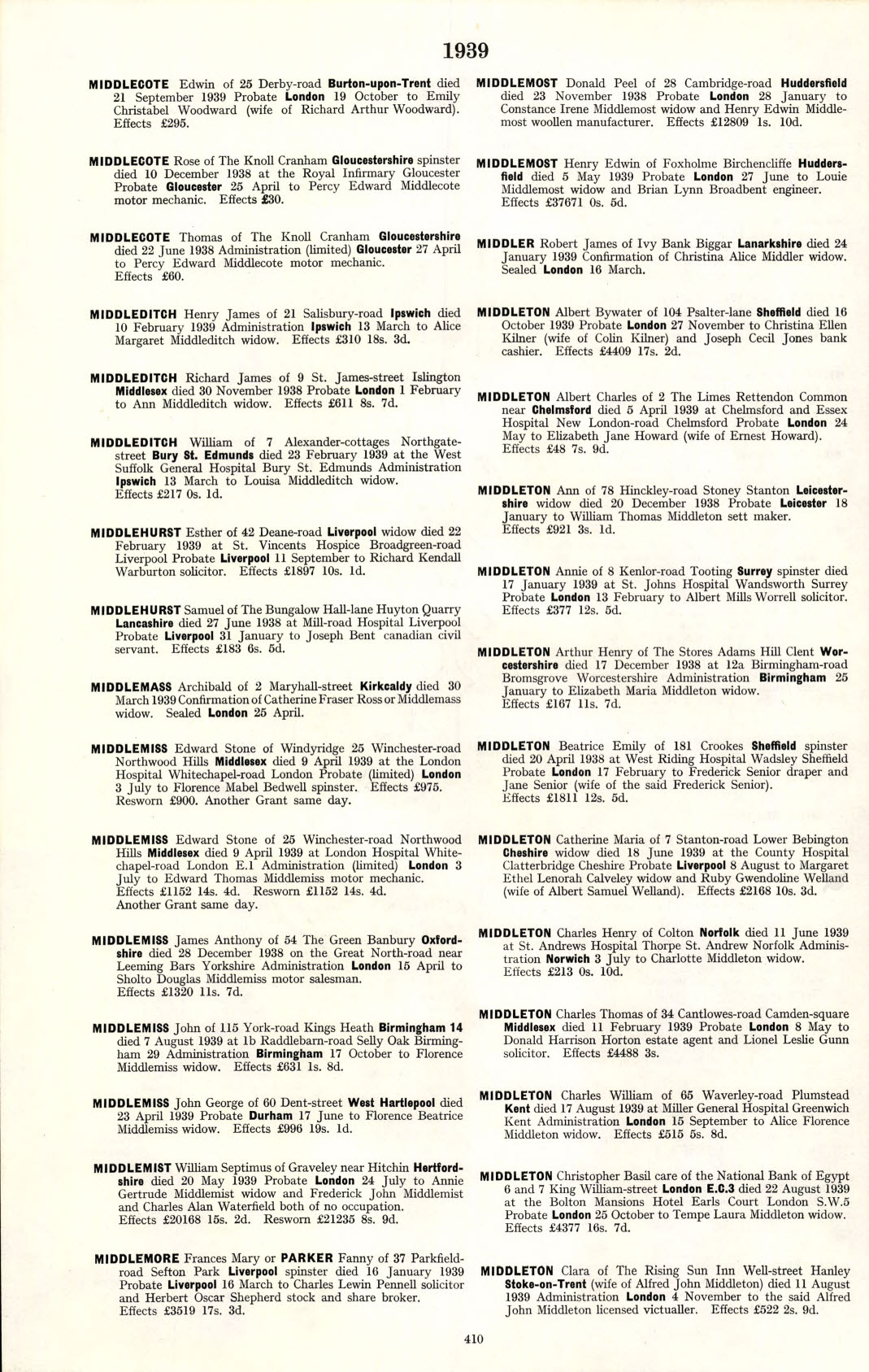 Edward Stone Middlemiss’s probate record, showing two entries, one for Florence Mabel Bedwell of £900, the other more than £1,000 for his son Edward Thomas.