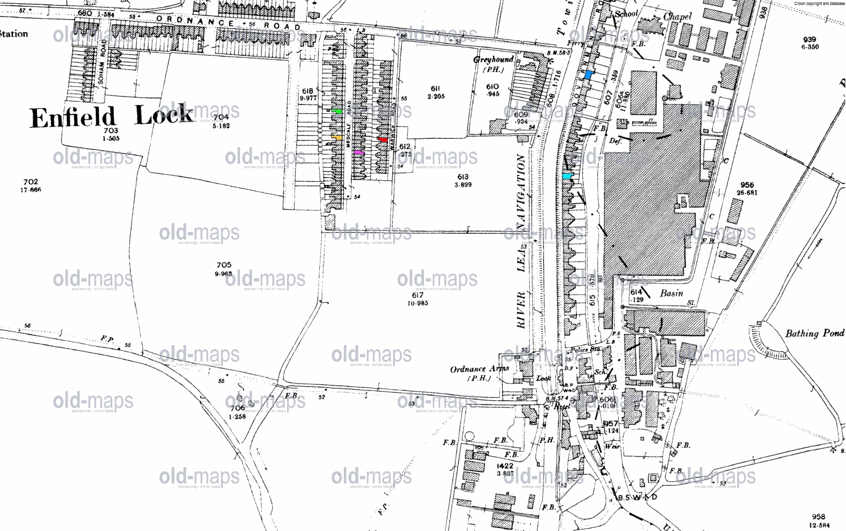 Medcalf Road, Nos 33 in green, and 54 in fuchsia, 45 in yellow, 19 Govt Row pale blue, 35 Govt Row medium blue, 35 Warwick Road red, 1897 map, 1 in 2500