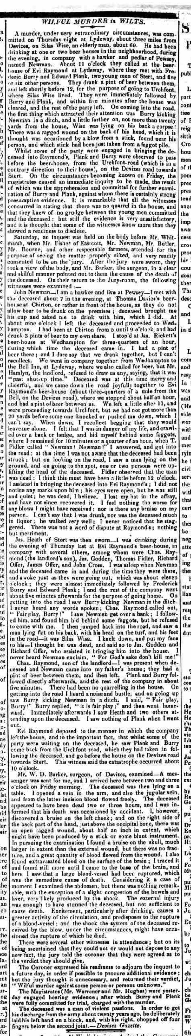 Wilful Murder in Wilts. Thomas Fidler first on scene discovering the body in 1837, most likely my ancestor.