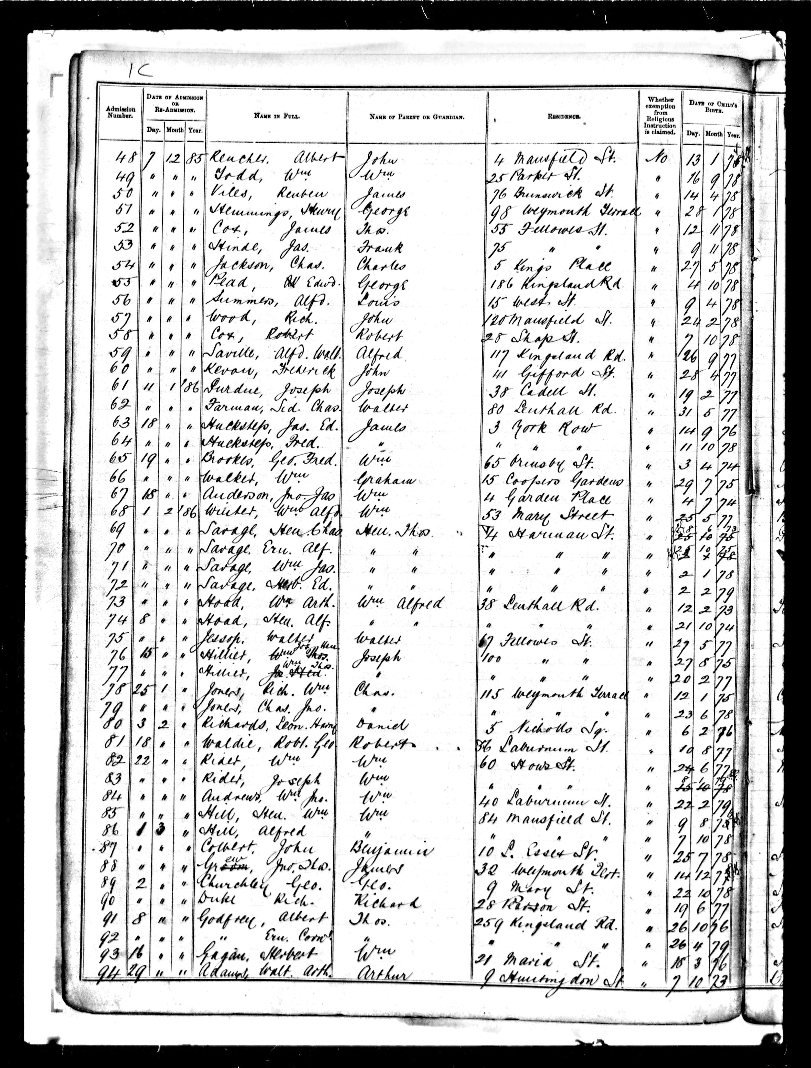 Frederick Kevan admitted to Shap Street School, Hackney aged 8