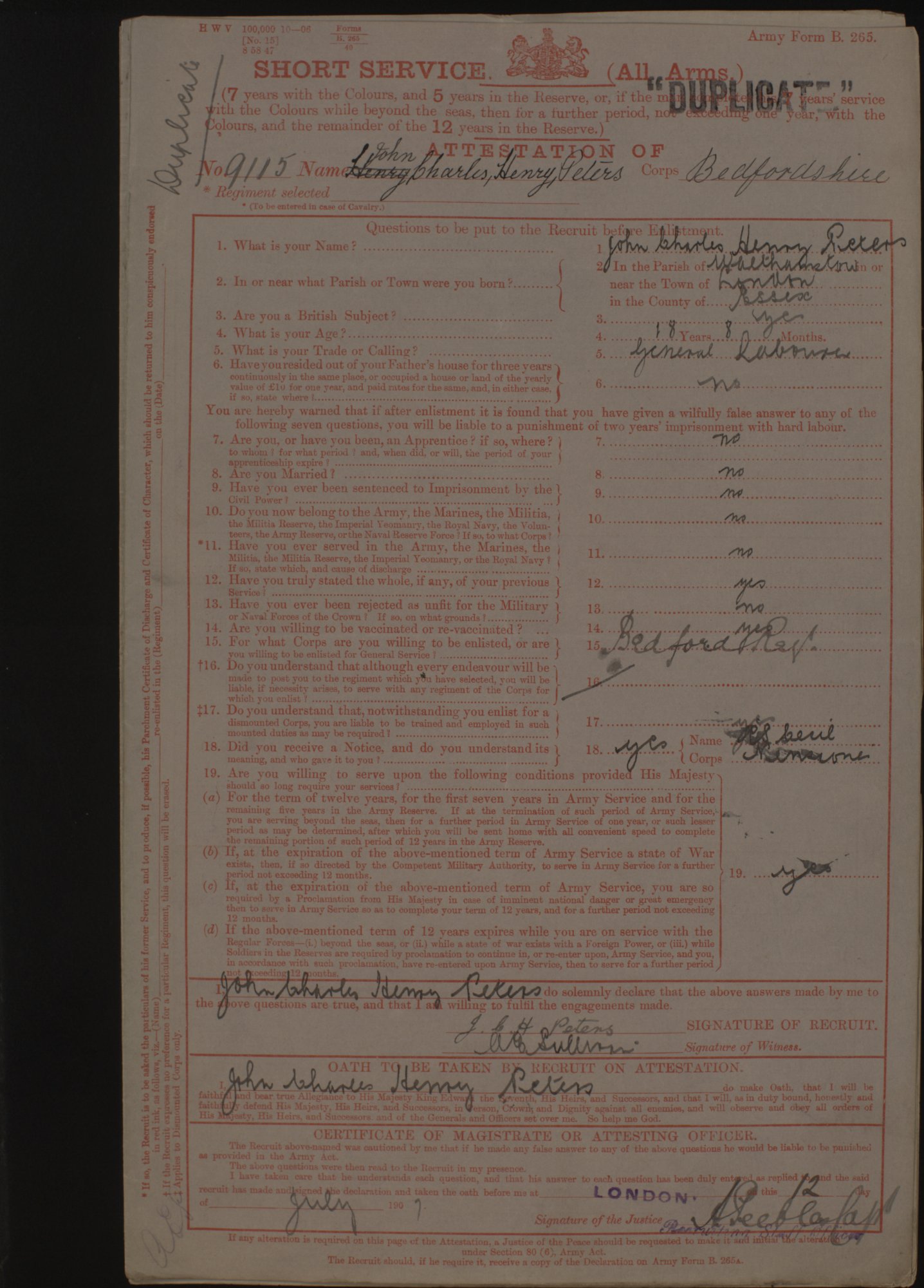 John Charles Henry Peters, army records