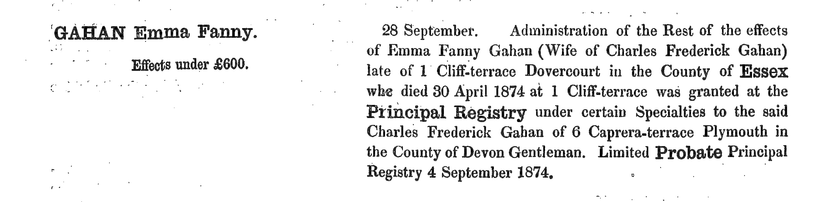 Probate for Emma Fanny Gahan (neé Gurney) in 1874
