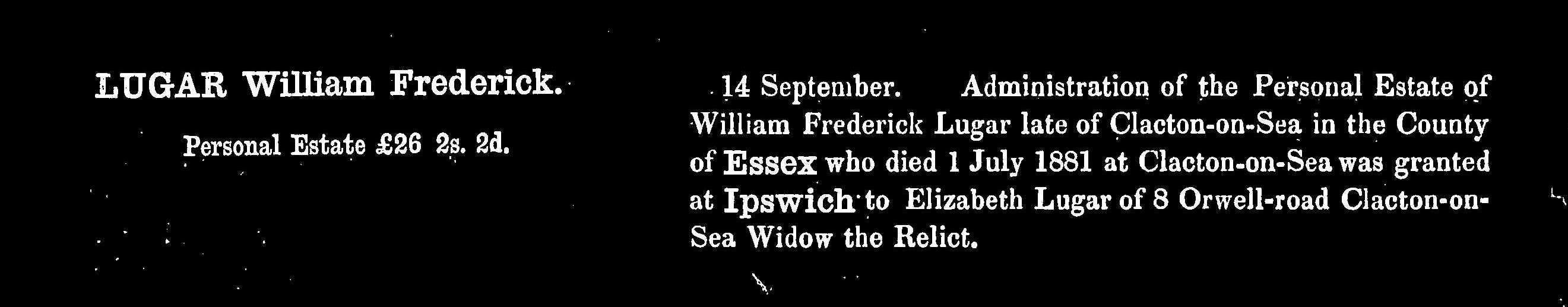 Probate 1881 for William Frederick Lugar