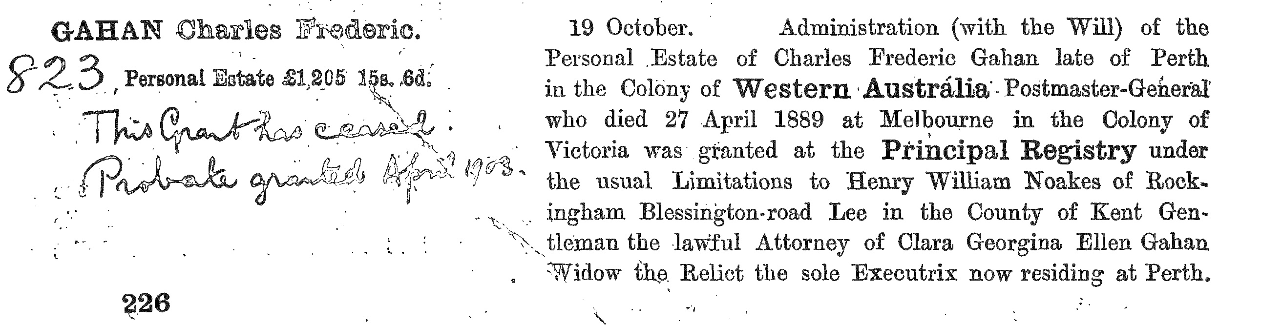 Probate for Charles Frederic Gahan in 1889, mentioning widow