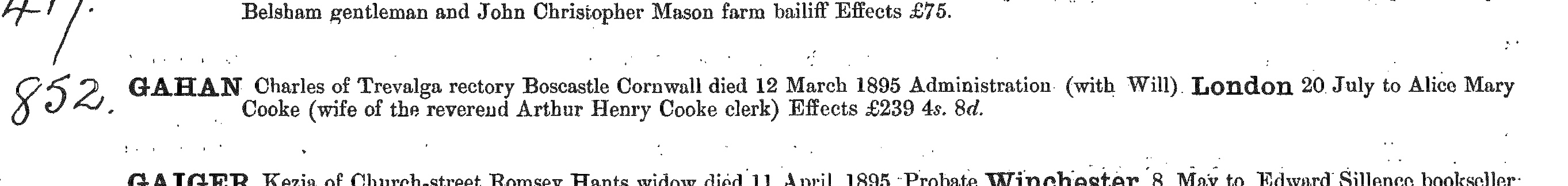 Probate for Charles Gahan in 1895