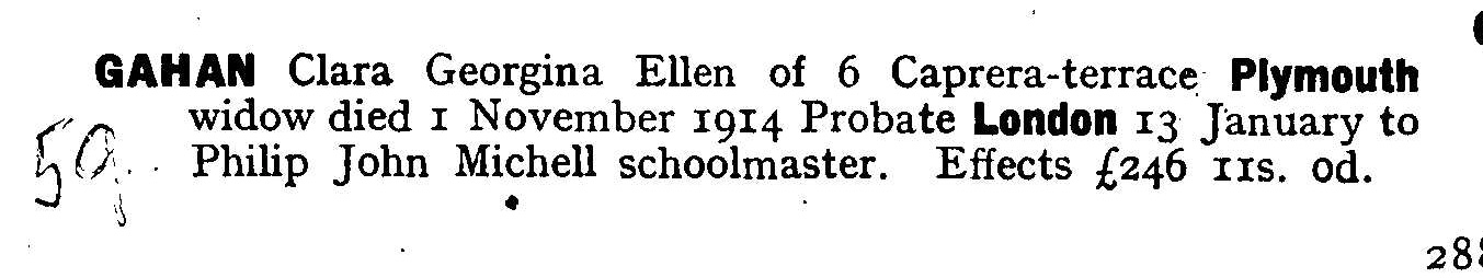 Probate for Clara Georgina Ellen Gahan