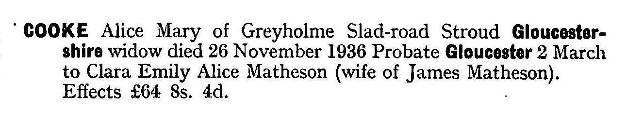 Alice Mary Cooke probate from 1937