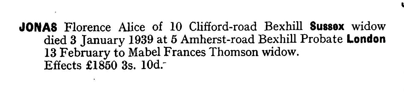Probate for Florence Alice Jonas in 1939