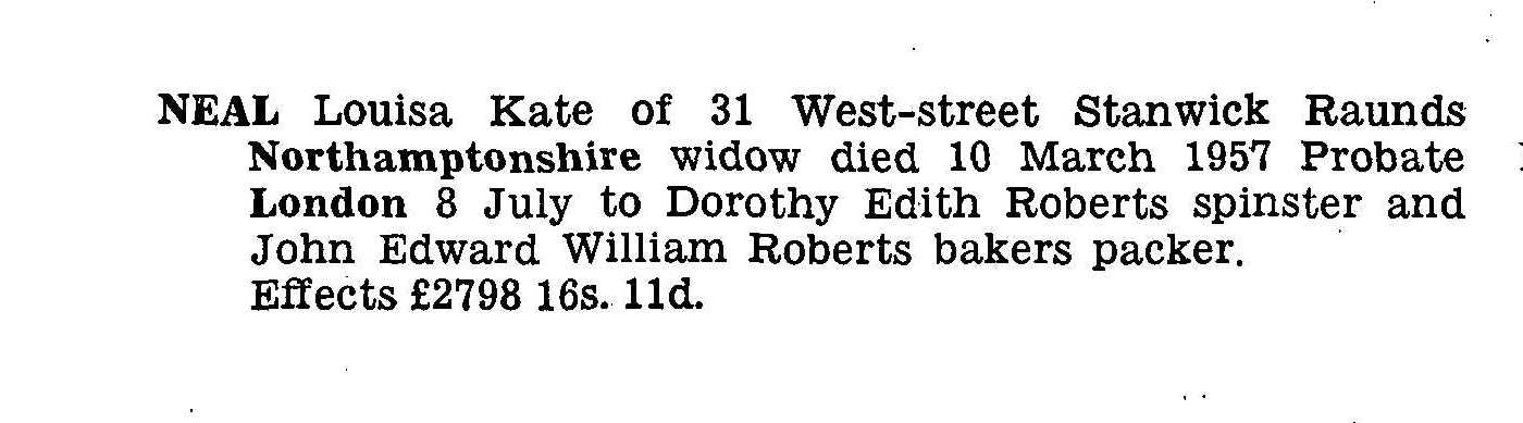 Probate for Louisa Kate Neal in 1957