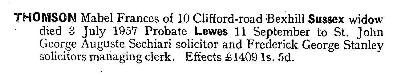 Probate for Mabel Frances Thomson, 11 Sept 1957