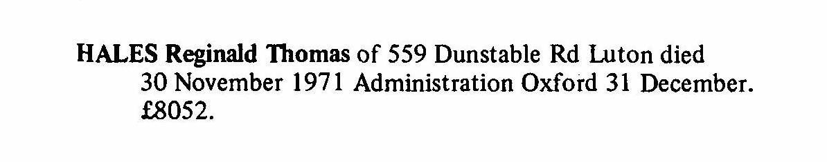 Reginal Thomas Hales probate in 1971