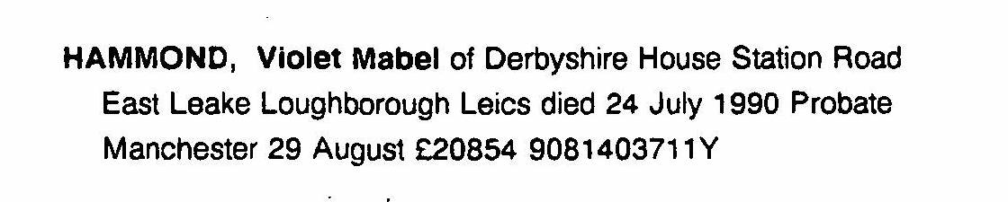 Probate record showing Violet Hammond’s death in Loughborough in 1990