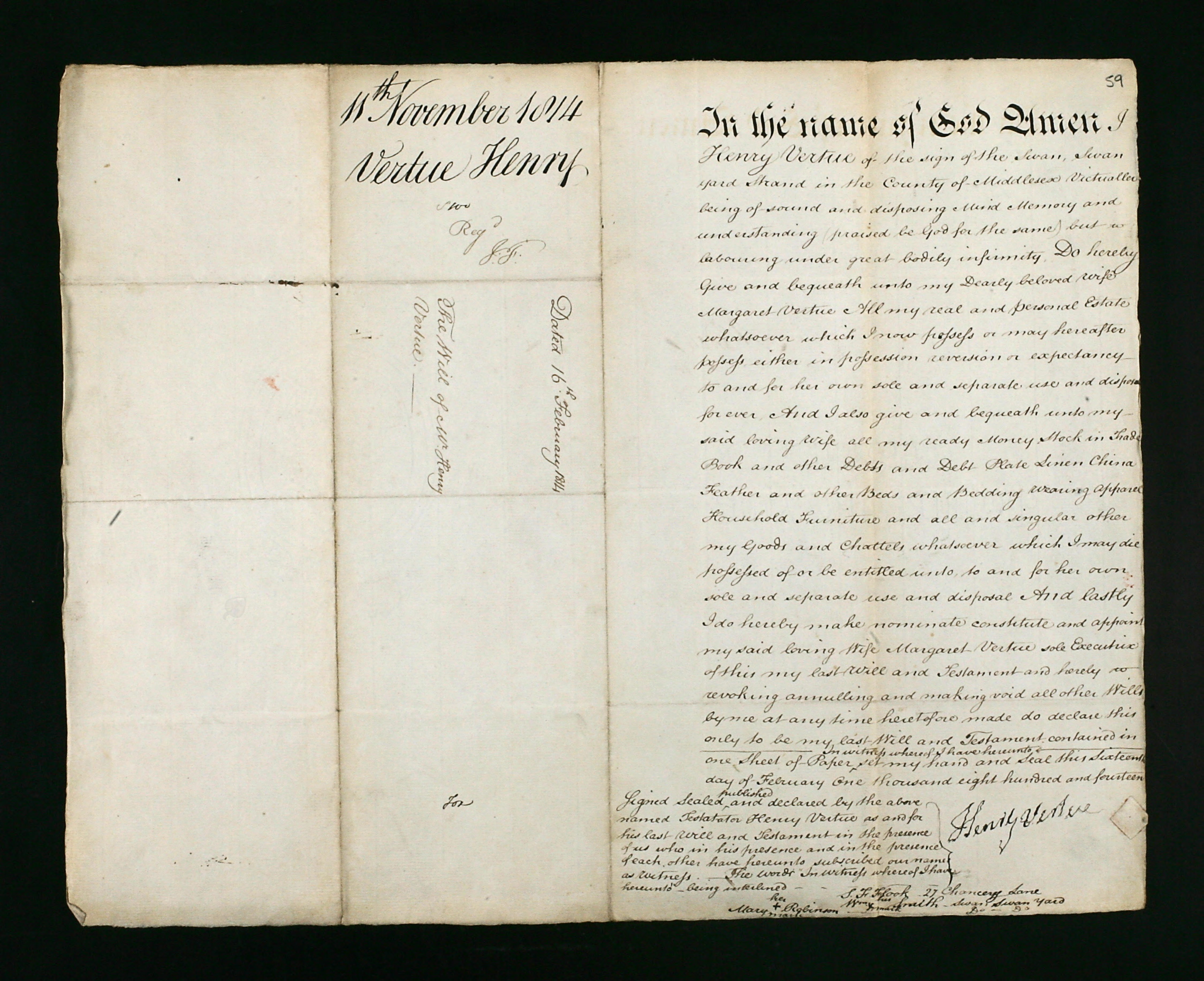 The 1814 will of Henry Vertue, victualler of The Swan. Don\'t know if he was related to George Vertue.