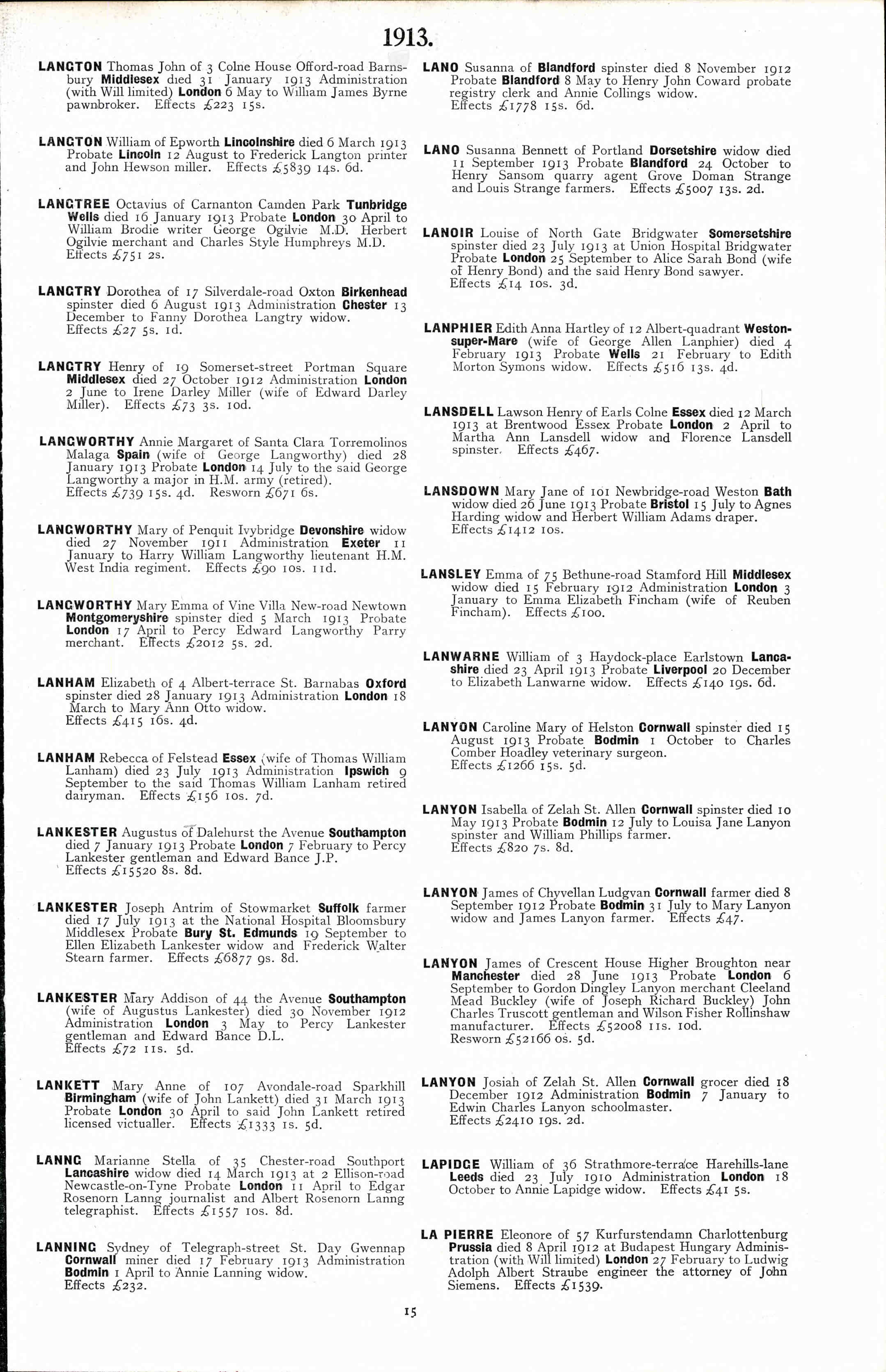 Joseph Antrim Lankester born 1854, probate 1913