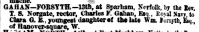 Marriage notice of Charles F Gahan to Clara G E in the London Evening Standard, 16th October 1875
