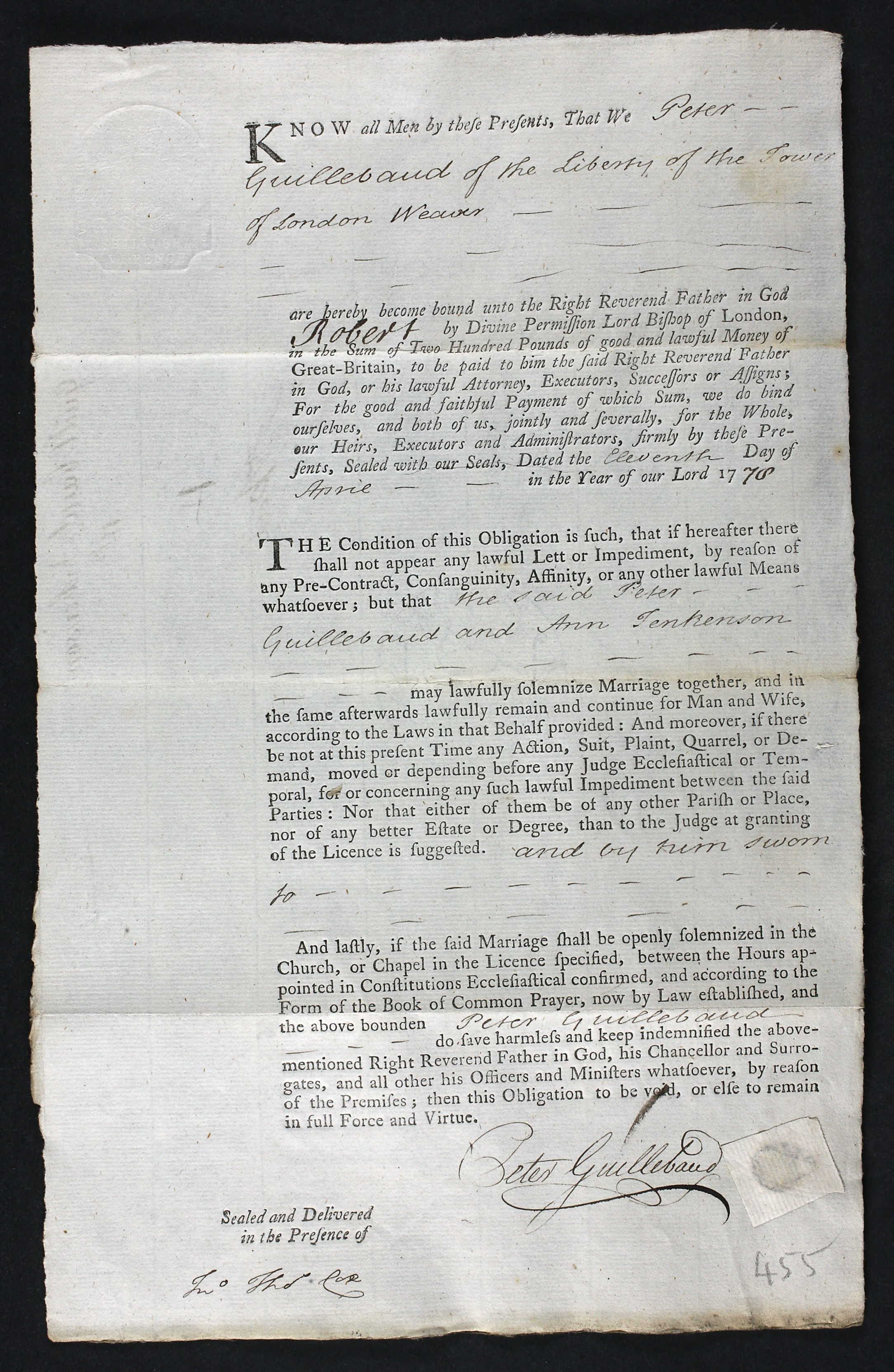 The 1778 marriage of Peter Guillebaud widower to Ann Jenkenson widow