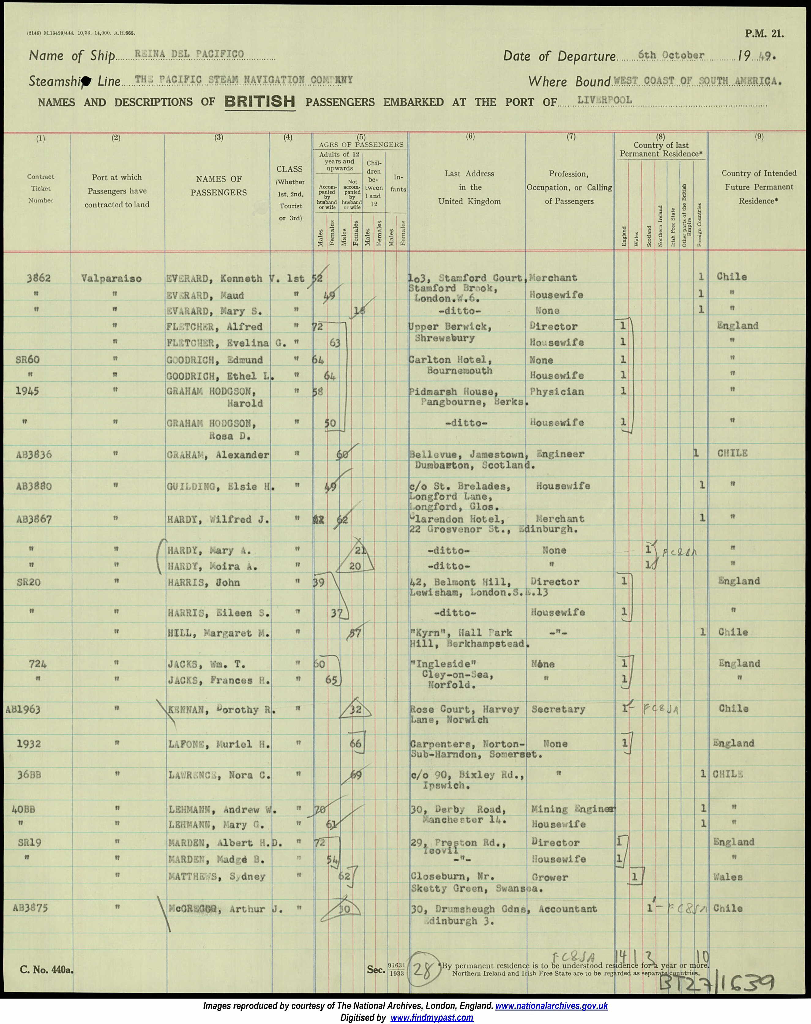 Madge B Marden outbound to Chile in 1949 with husband Albert who was a director. They returned 2 months later. Records from Ancestry.