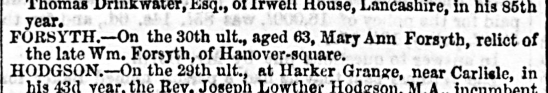Death of Mary Ann Forsyth neé Foley announced in the Morning Herald (London) on the 4th April 1861