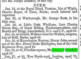 Death of Joseph P Sandell, in Jackson’s Oxford Journal February 3rd 1866