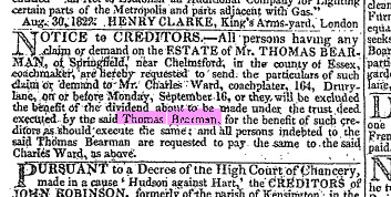Notice to creditors of Thomas Bearman, The Times newspaper, September 12th 1822