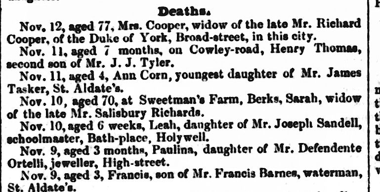 Death of Leah in Oxford University and City Herald, 14th November 1846