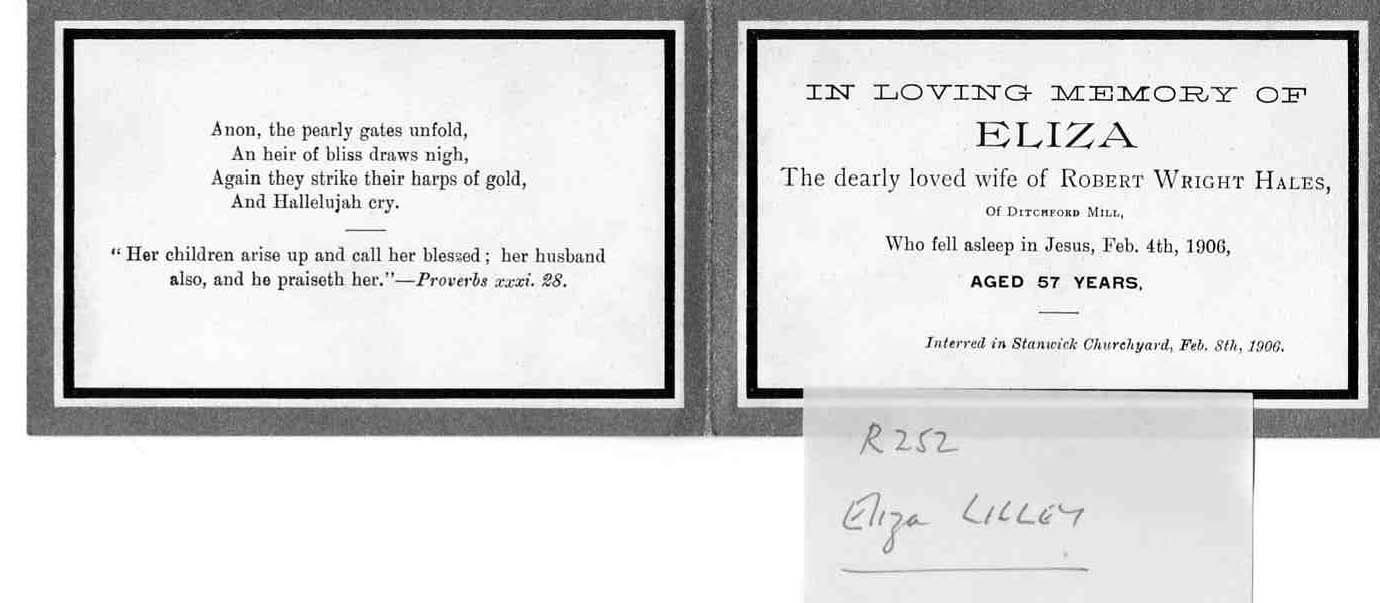 Eliza (Lilley) Hales memorial card