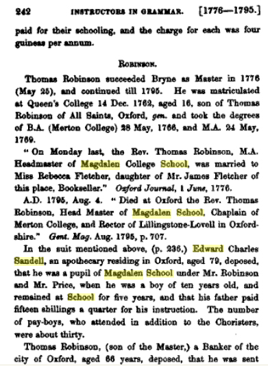 Edward Sandell\'s schooling at Magdalen School costing 15 shillings a quarter