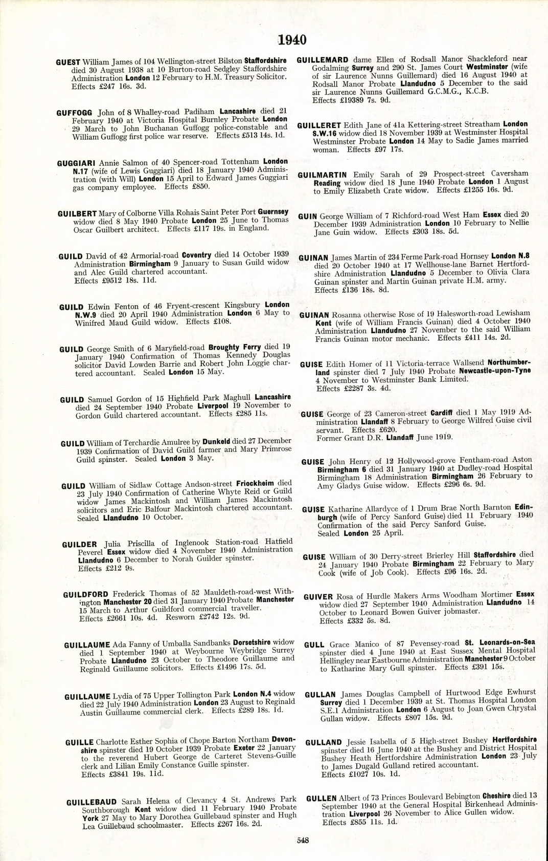 Sarah Helena Guillebaud, widow, probate 1940. She left £267 to Mary Dorothea Guillebaud spinster and Hugh Lea Guillebaud schoolmaster