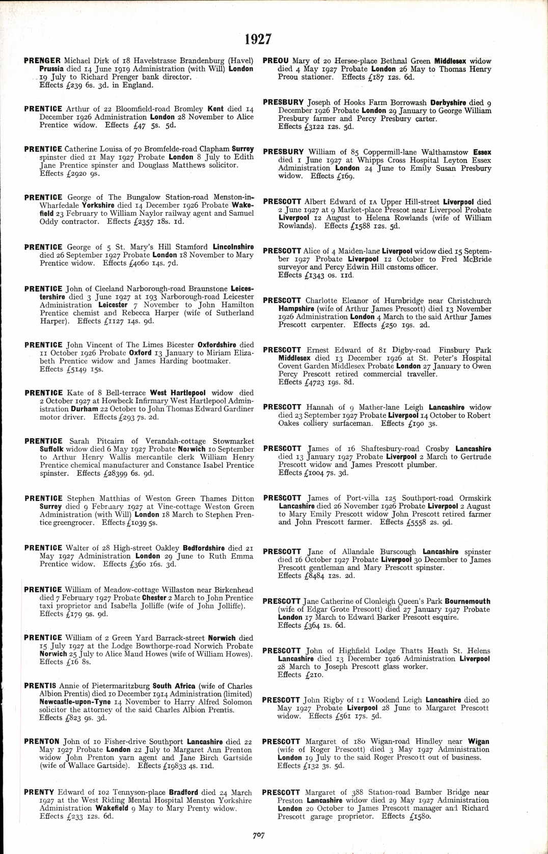 Sarah Pitcairn Prentice probate, 1927 to Arthur Henry Wallis and William Henry Prentice and Constance Isabel Prentice