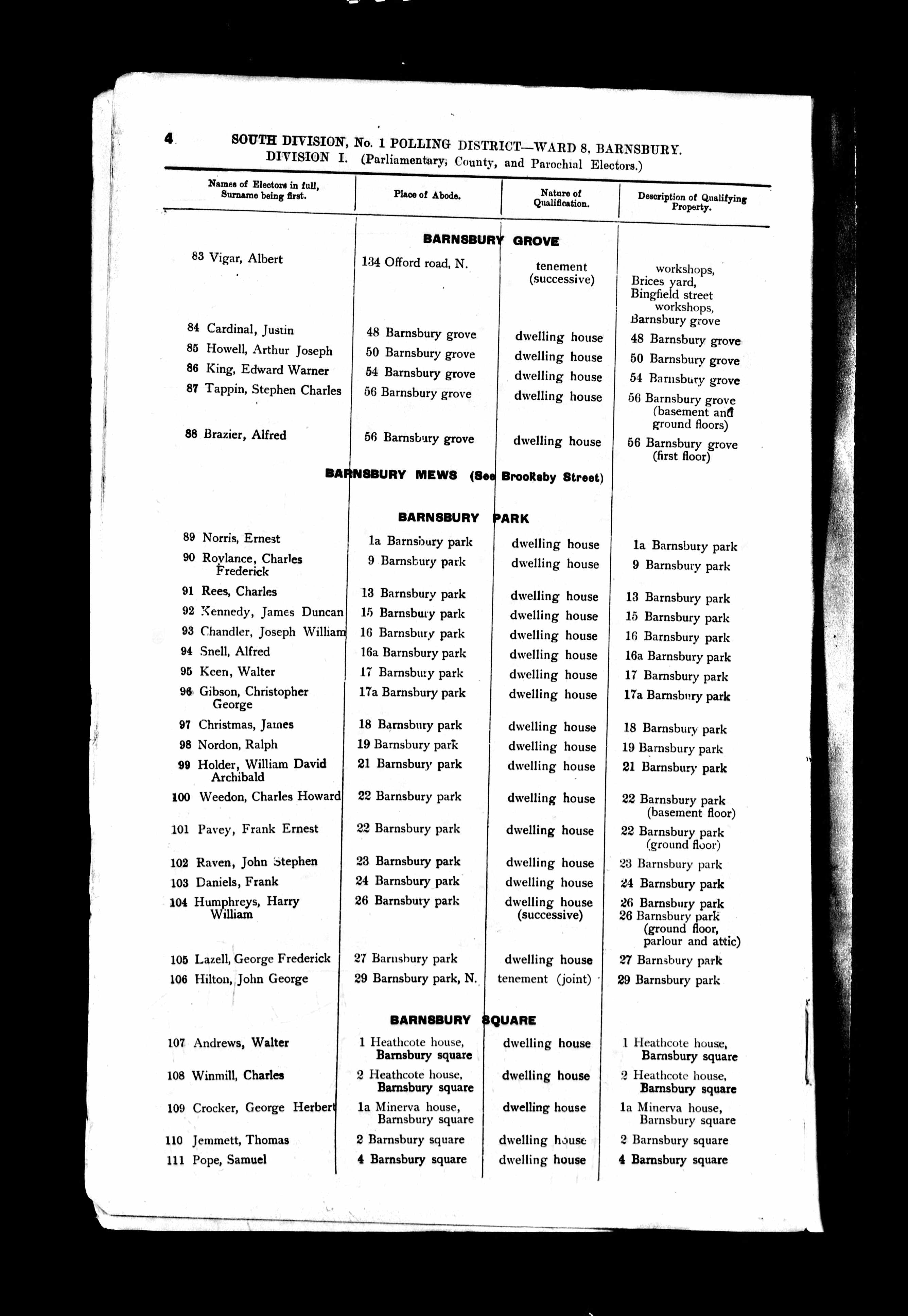 Stephen Charles Tappin at 56 Barnsbury Grove in 1915