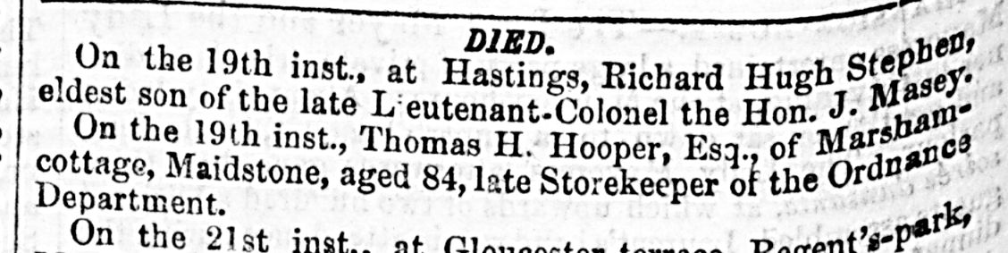 Death announcement of Thomas Hill Hooper in 1851