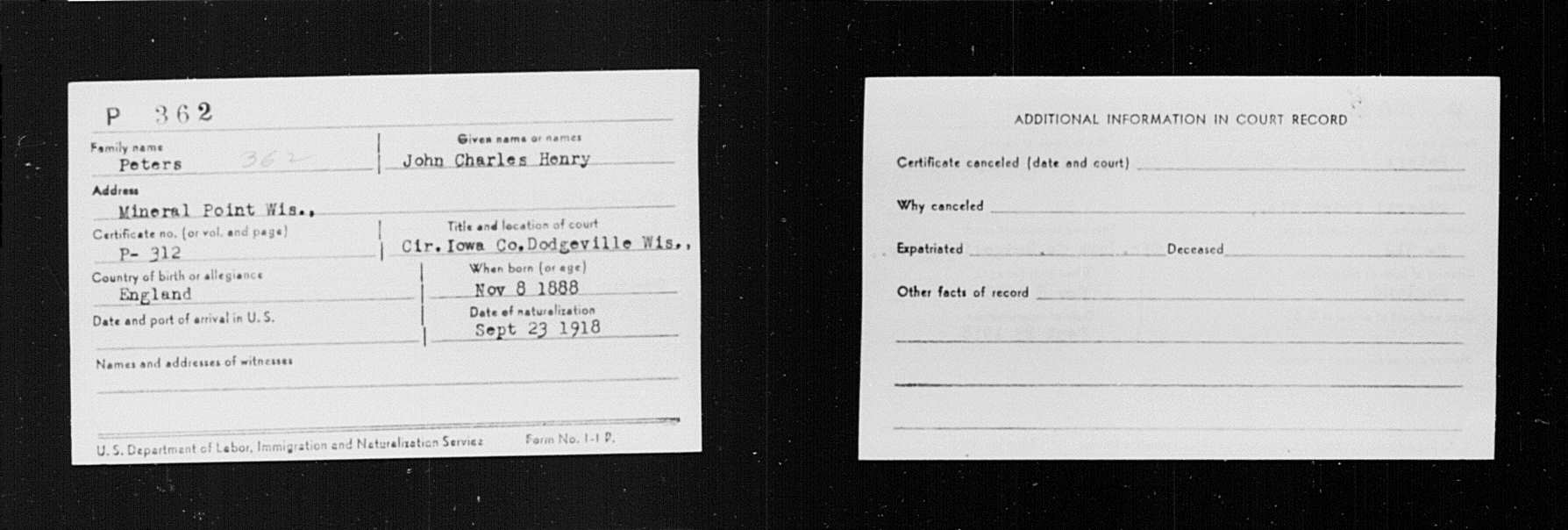 Naturalisation record for John Charles Henry Peters in 1918