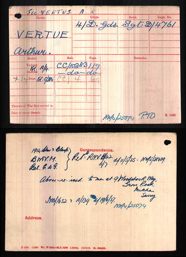 Medal card for Arthur Vertue, reissued 1937 - see letter