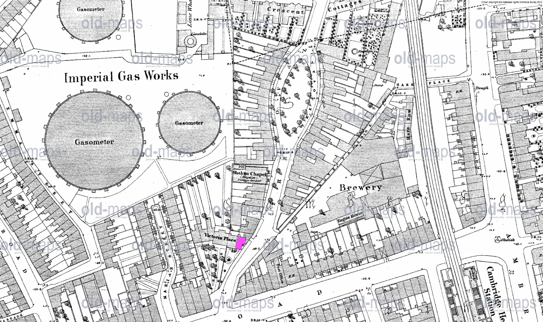 Keturah was living at 6 Victoria Place when she got married in 1873, probably with with her cousin Charles Henry Harman and family. Map courtesey old-maps, dated 1873-6.