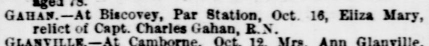 Death announcement of Eliza Mary Gahan (neé Bone) in 23rd October 1902 West Briton and Cornwall Advertiser