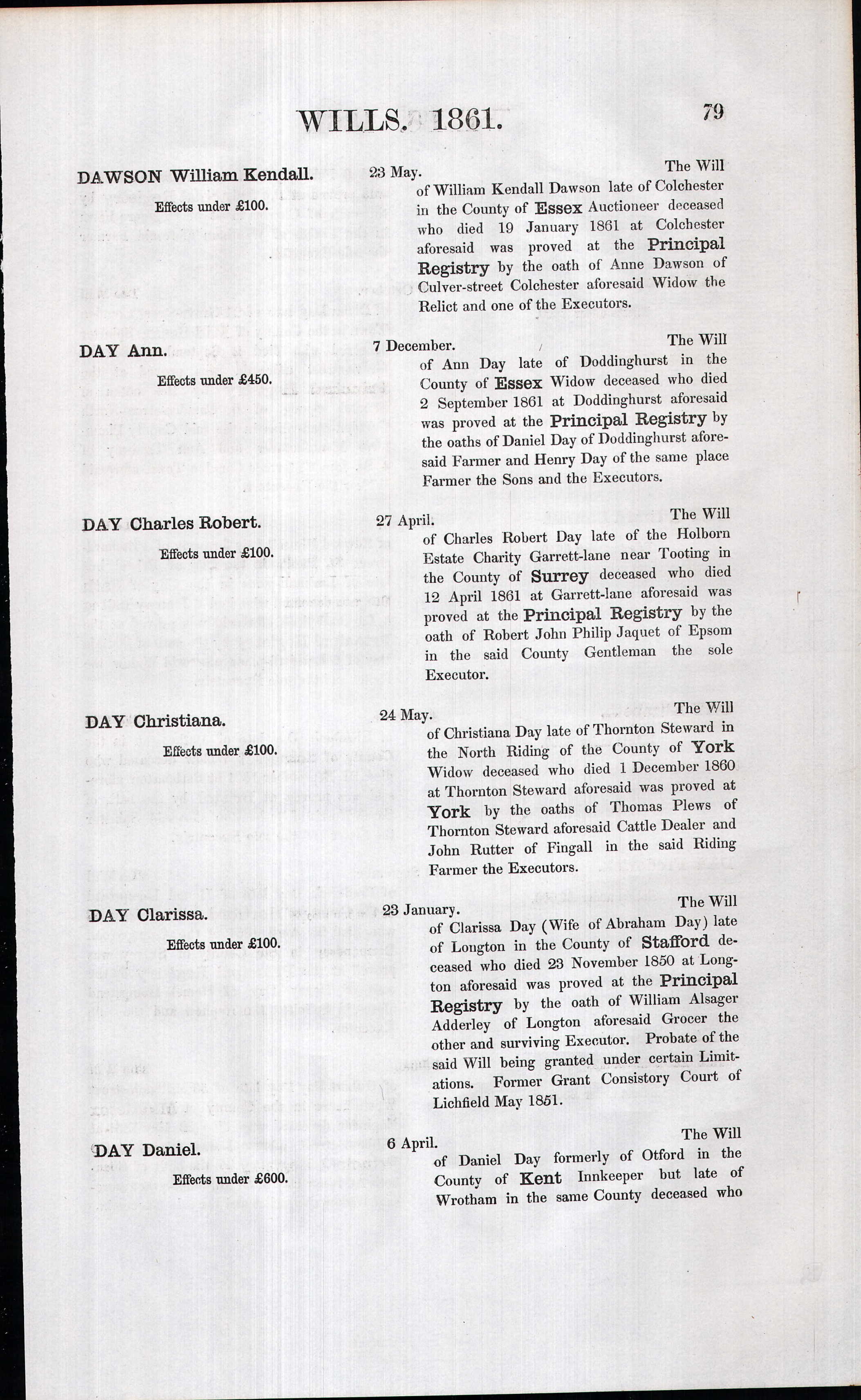 Probate for William Kendall Dawson 1861 less than £100 to wife Anne