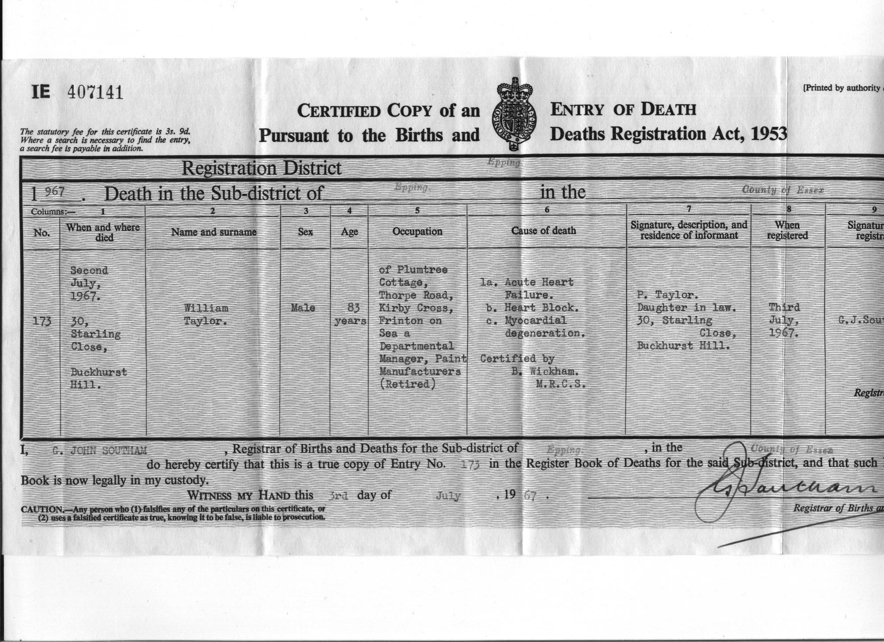 Death register for William Taylor aged 83 in 1967, thanks to Sherrington Plus tree on Ancestry