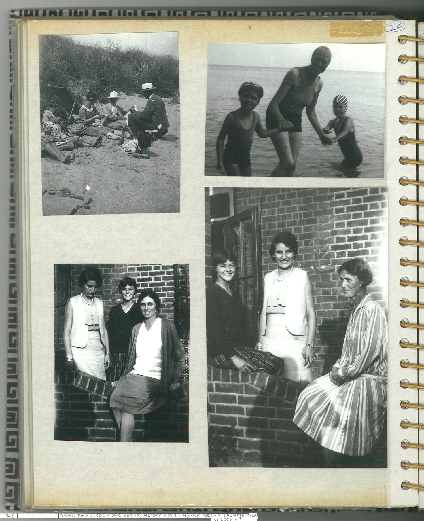 p26: Grandpa Alfred Webb and group; Ethel Bearman, Ros and ?; Ethel Bearman née Webb, Peggy (Mary Ethel Huxley) & ?; Auntie Myra (Huxley née Webb), Peggy & ?