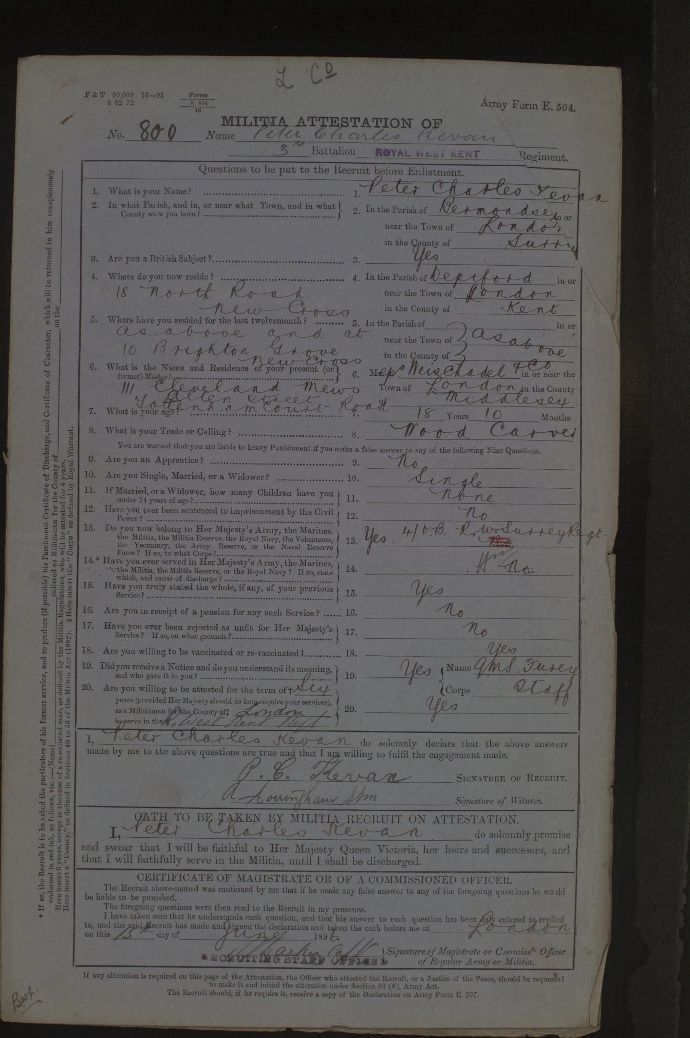 Peter Charles Kevan attestation record for joining the army in 1896
